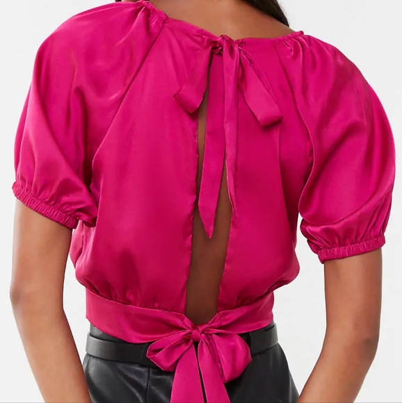 2/$25 Magenta Pink Satin Puff Sleeve Cropped Blouse Ribbon Tie Open Back - Picture 5 of 5